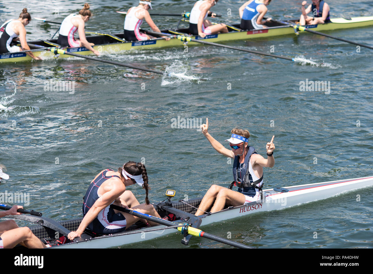 Henley on Thames, United Kingdom, 8th July 2018, Sunday, Final of 'The Remenham Challenge Cup', 'Georgina Hope Rinehart National Training Centre', Australia, winning, the Final,  'Fifth day', of the annual,  'Henley Royal Regatta', Henley Reach, River Thames, Thames Valley, England, © Peter SPURRIER, Stock Photo