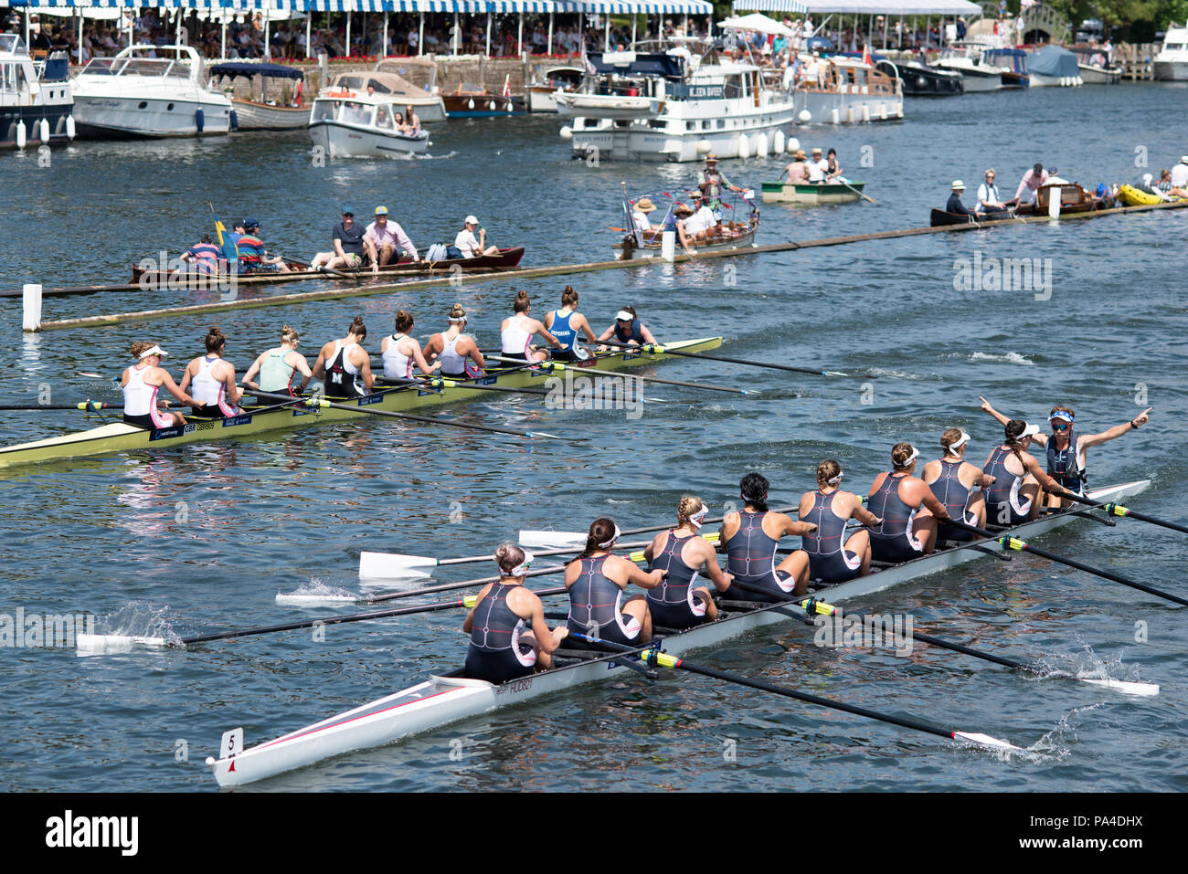 Henley on Thames, United Kingdom, 8th July 2018, Sunday, Final of 'The Remenham Challenge Cup', 'Georgina Hope Rinehart National Training Centre', Australia, winning, the Final,  'Fifth day', of the annual,  'Henley Royal Regatta', Henley Reach, River Thames, Thames Valley, England, © Peter SPURRIER, Stock Photo
