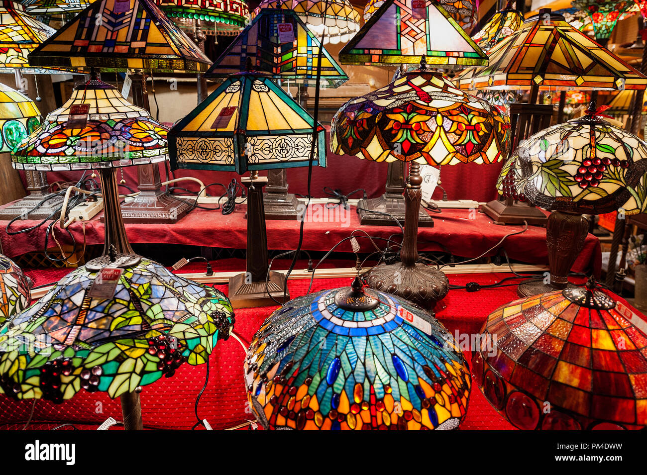 Tiffany lamps on display in a store. Stock Photo
