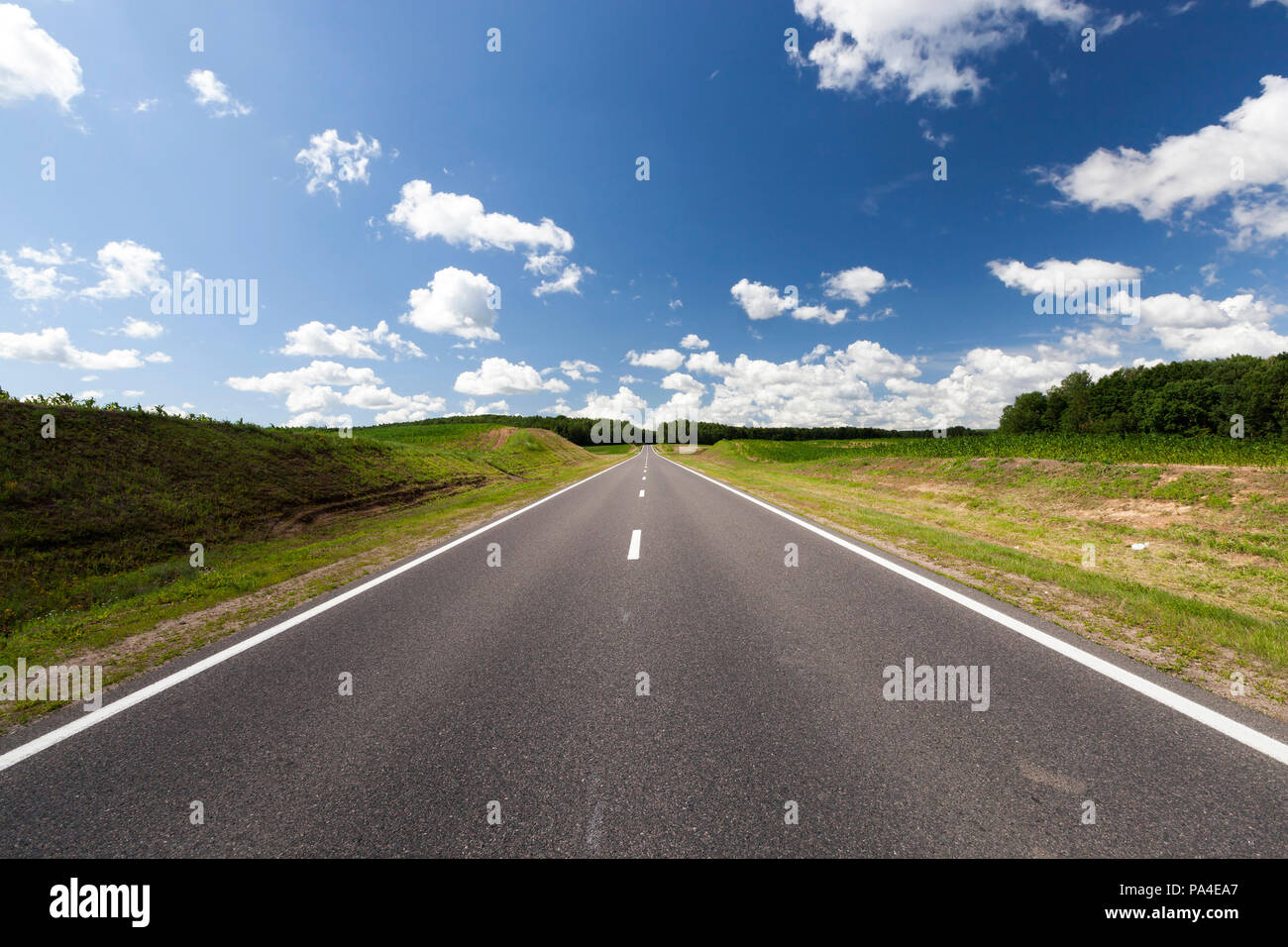 beautiful asphalt road with blue sky and mixed forest on the horizon ...