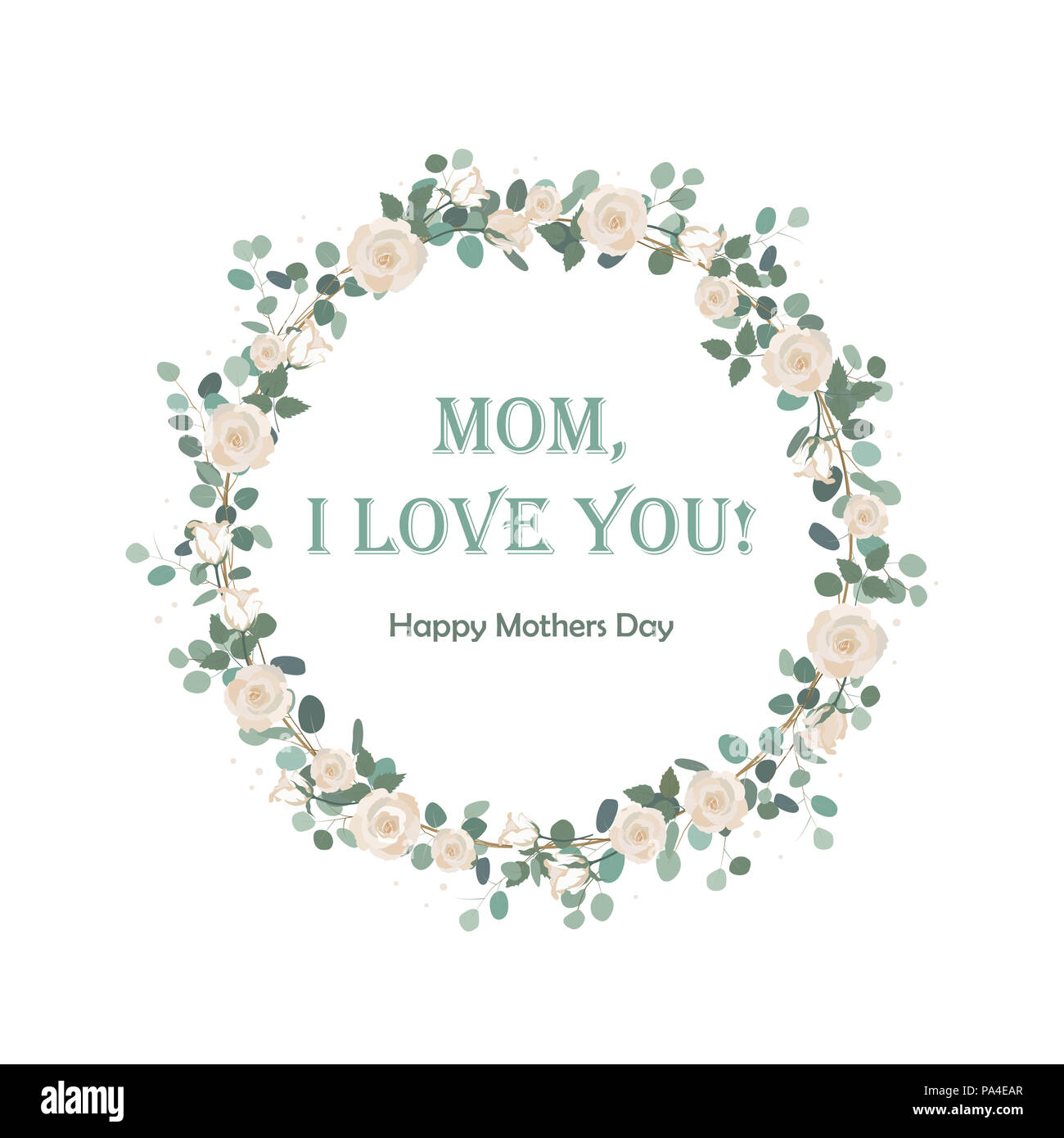 Happy Mother's Day beautiful card with floral Eucalyptus wreath. Background for Mother's day celebration. Greeting, wedding invite template. Round fra Stock Photo