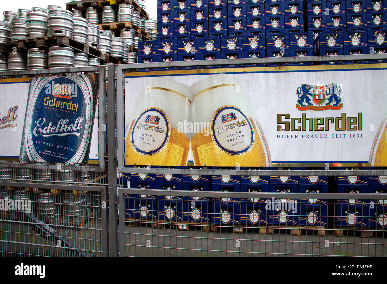 Scherdel beer kegs and crates in Hof, Germany Stock Photo Alamy