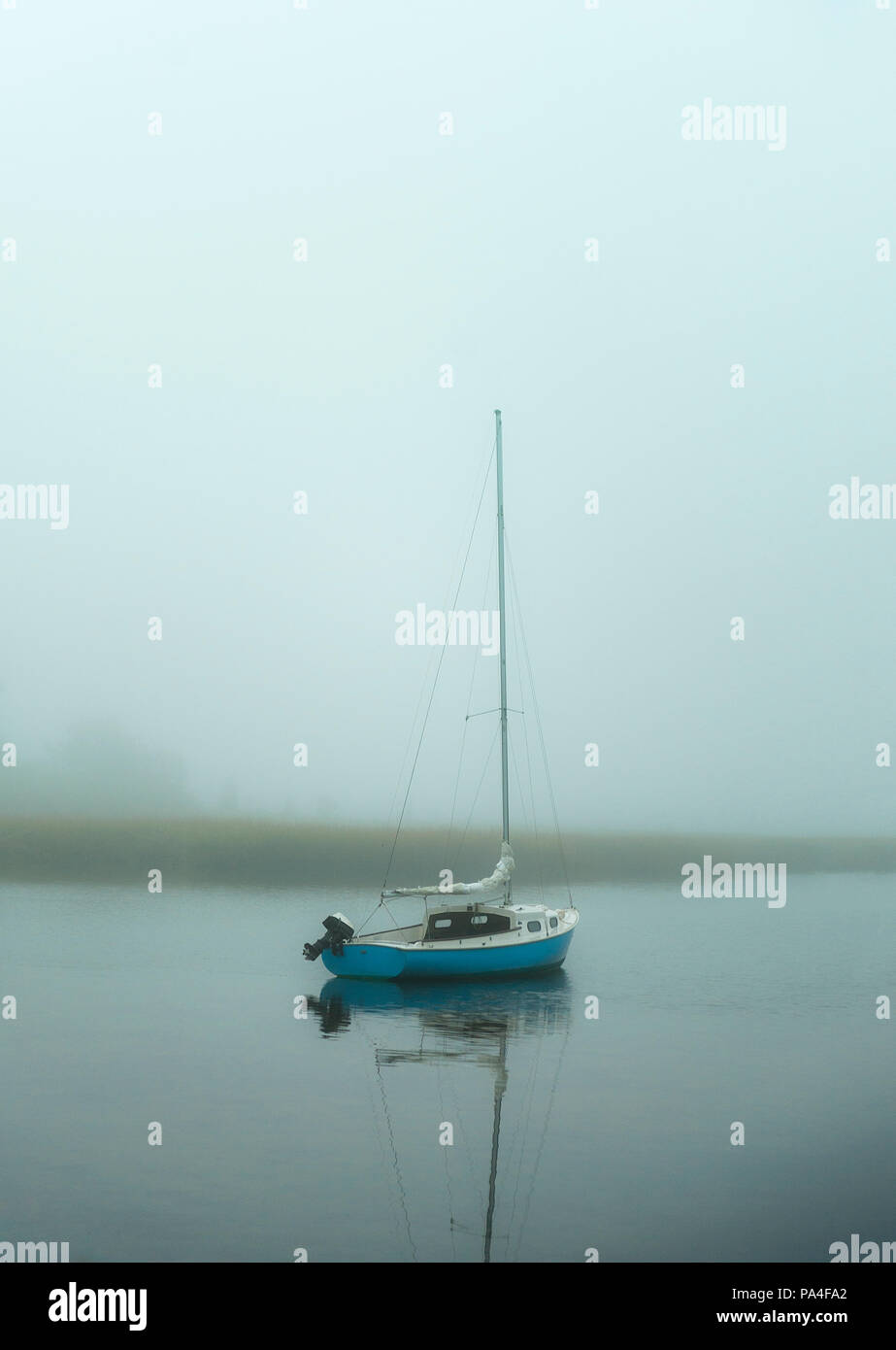 Sailboat in foggy weather, Cape Cod, Massachusetts, USA. Stock Photo