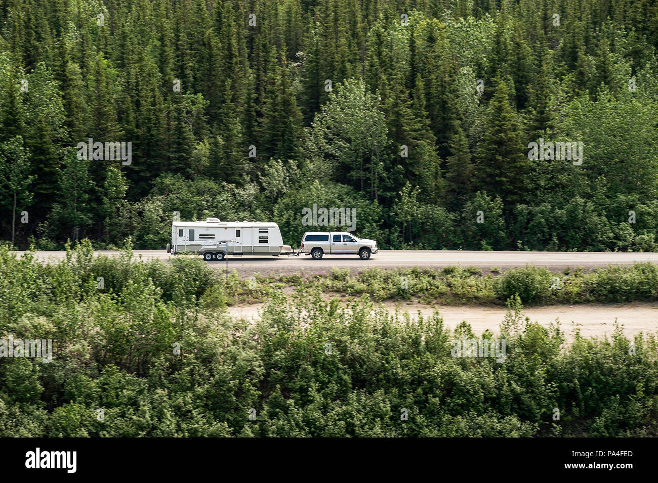 RV camper on an Alaskan road trip, Alaska, USA. Stock Photo