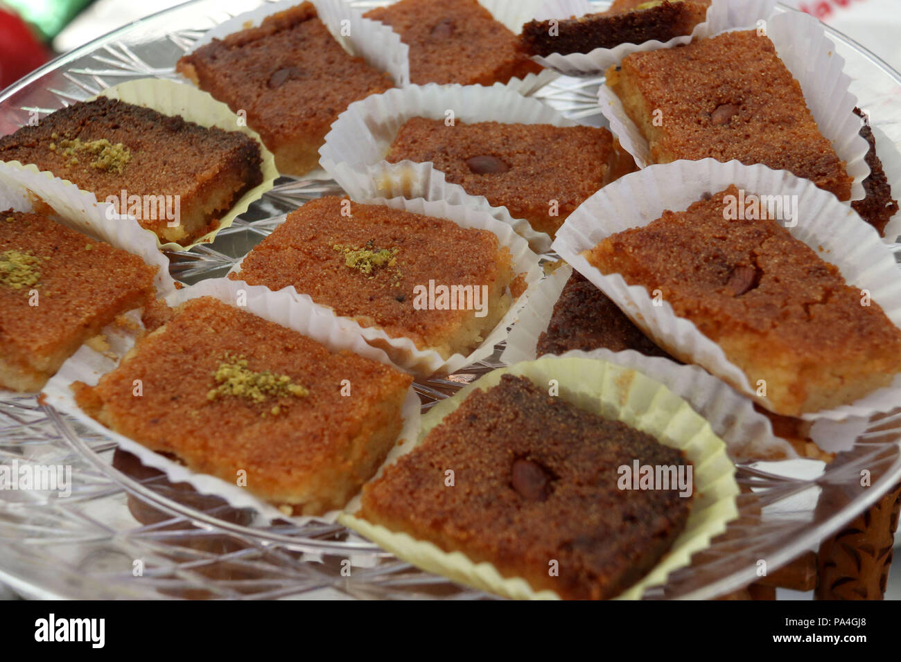 Kalb el louz, an Algerian cake meaning 'Heart of almonds made with semolina, almonds, orange blossom and honey syrup. Stock Photo