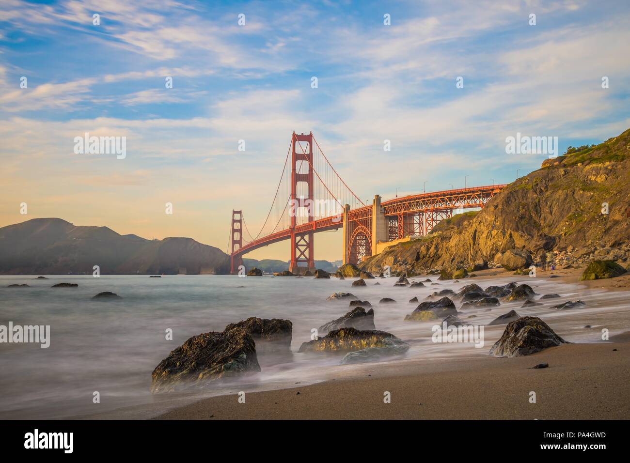 Long exposure when the sun goes down to the Golden Gate Bridge of San Francisco Stock Photo