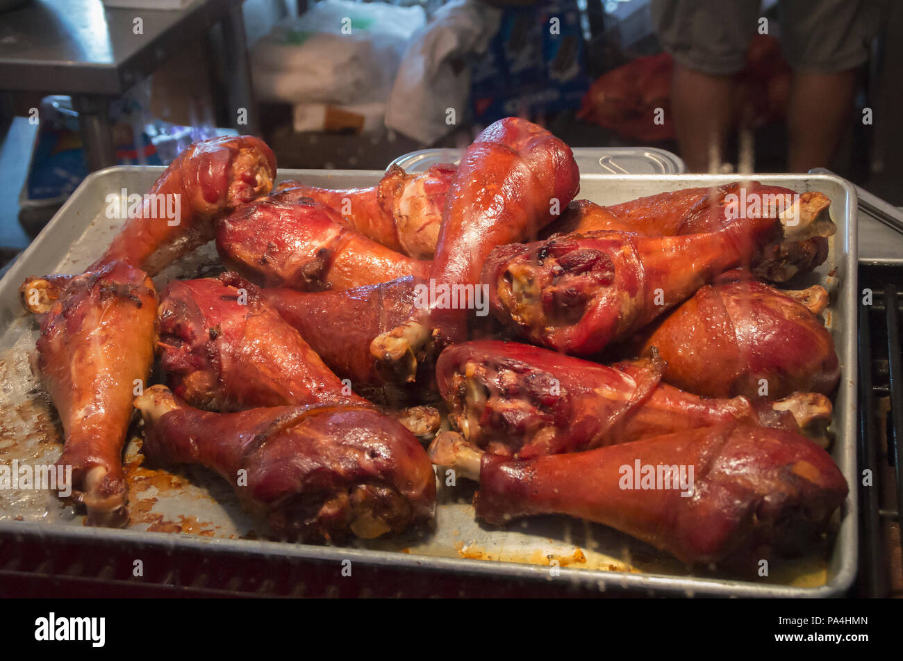 A batch of Turkey Legs waiting for sale from a food vendor at Sunfest in Ocean City,Maryland Stock Photo