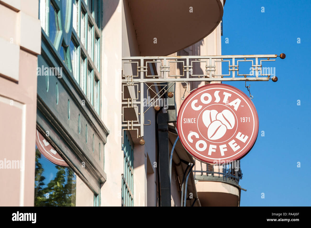 SZEGED, HUNGARY - JULY 2, 2018: Costa Coffee Logo on their main shop and coffee house in Szeged. Costa Coffee is a British multinational coffeehouse c Stock Photo