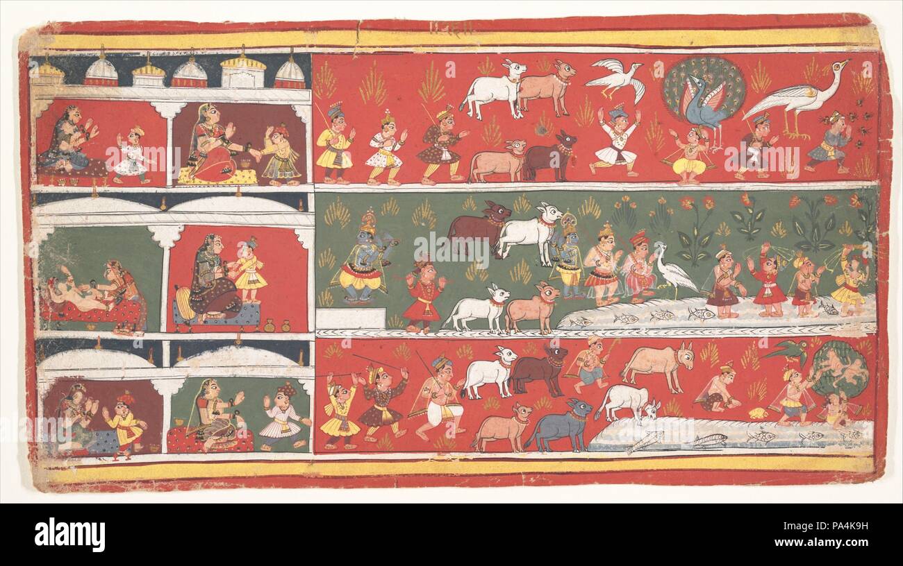 Bakasura, the Crane Demon, Arrives in Brindavan: Page from a Dispersed Bhagavata Purana (Ancient Stories of Lord Vishnu). Culture: India (Madhya Pradesh, Malwa). Dimensions: 7 5/8 x 14 in. (19.4 x 35.6 cm). Date: ca. 1700.  The gopas (cowherds) of Brindavan, peacefully herding their cows by a pond, are suddenly disrupted by Bakasura, one of the demons sent by Kamsa to kill Krishna. Museum: Metropolitan Museum of Art, New York, USA. Stock Photo