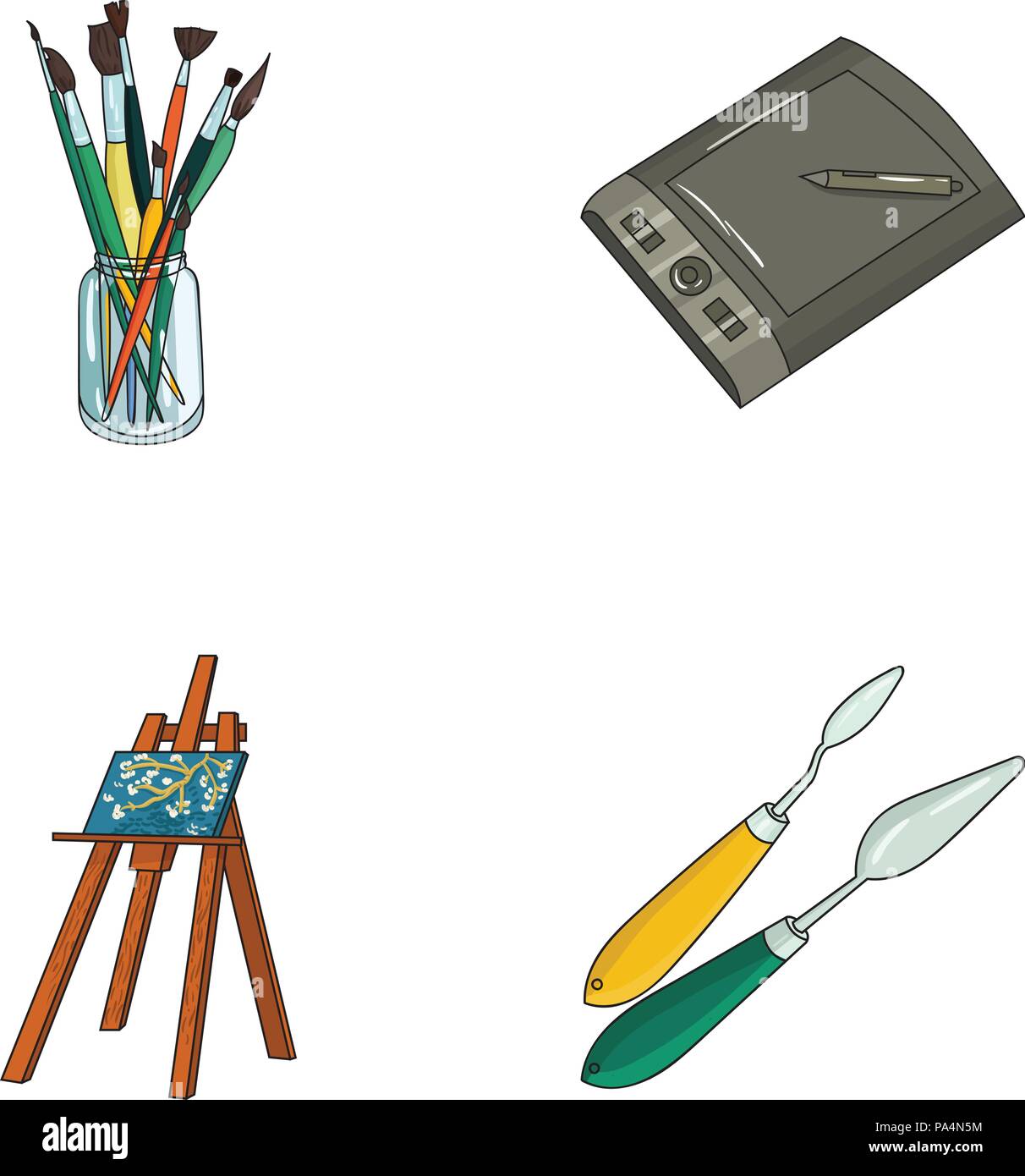 https://c8.alamy.com/comp/PA4N5M/bank-with-brushes-a-drawing-board-an-easel-with-a-canvas-paint-knivesartist-and-drawing-set-collection-icons-in-cartoon-style-vector-symbol-stock-PA4N5M.jpg