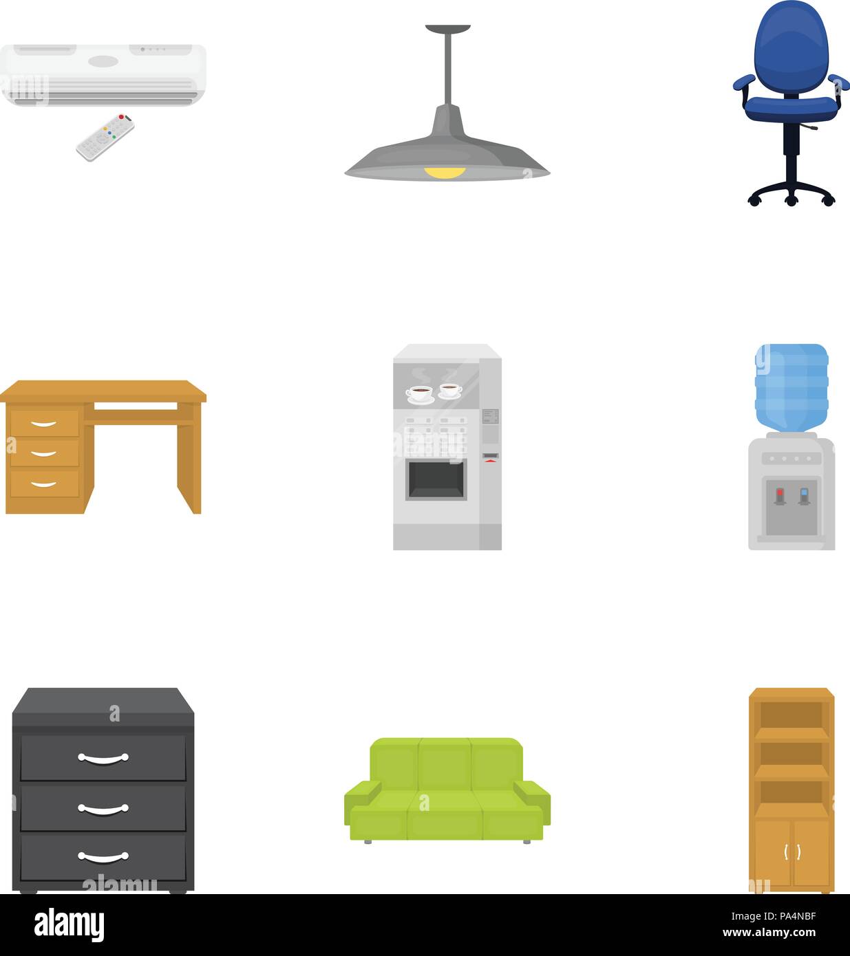 Office furniture and interior set icons in cartoon design. Big ...