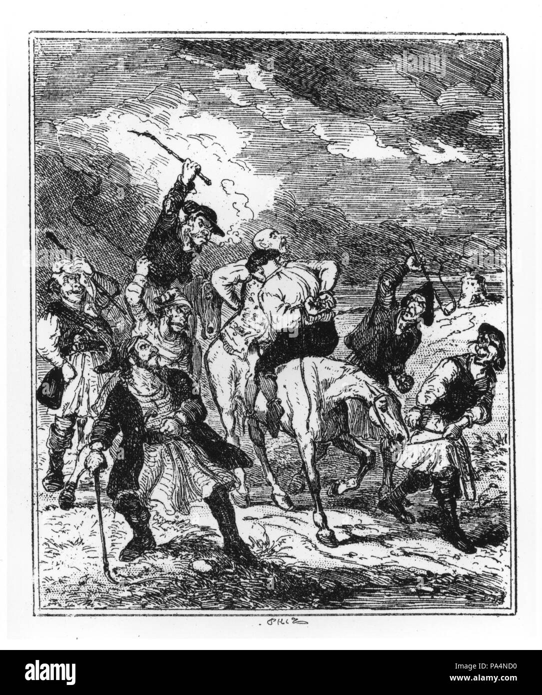 Engraving entitled the Murder of Galley and Chester by smugglers. From The Book of Remarkable Trials and Notorious Characters, edited by Captain L. Benson, pg. 198 Stock Photo
