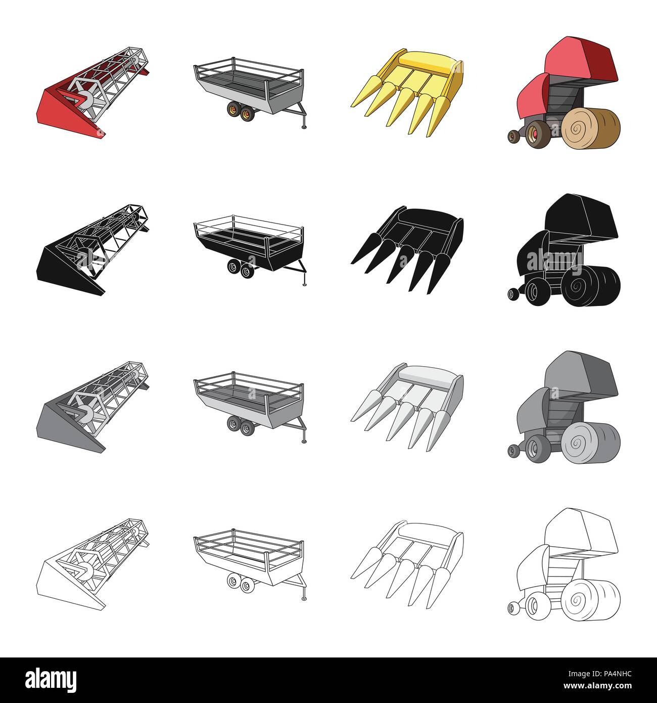 Combine harvester, hay trailer, bucket, hay packing. Different types of