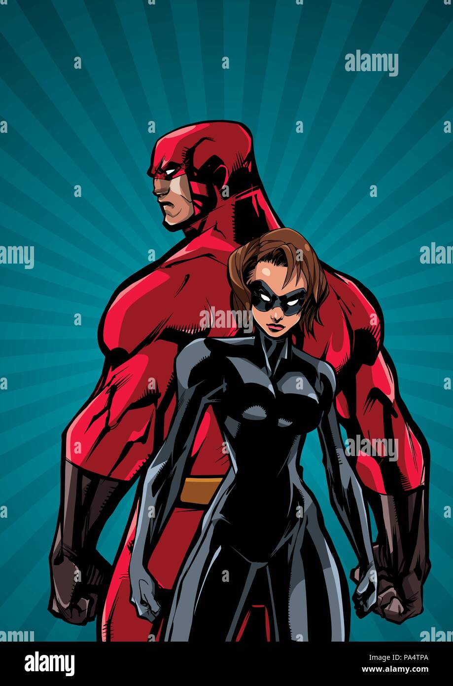 Superhero couple standing back to back on abstract background. Stock Vector