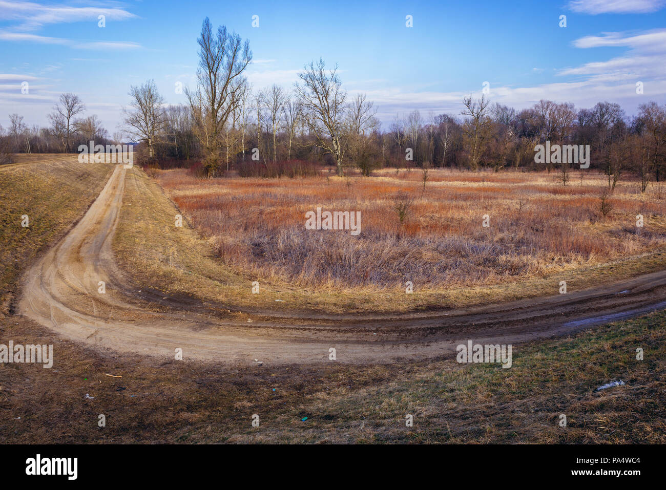 View from earth bank of Vistula River near Nowy Dwor Mazowiecki town in Masovian Voivodeship of Poland Stock Photo