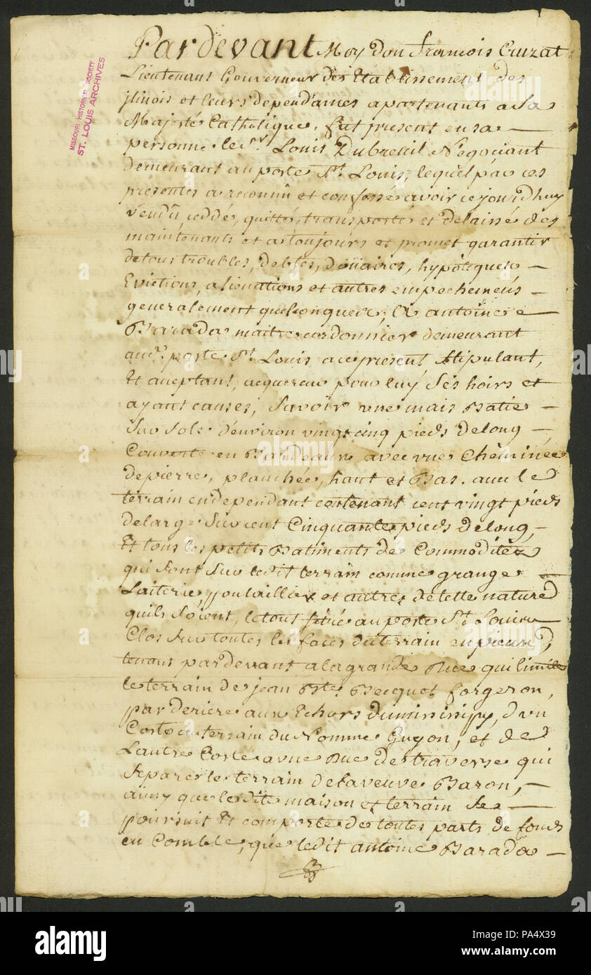 582 Document regarding sale of Antoine Barada's property to Louis Dubreuil, February 25, 1778 Stock Photo