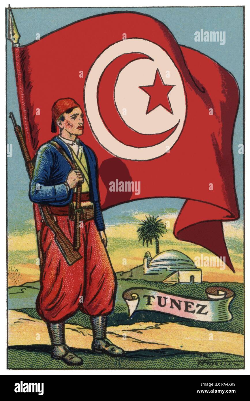 Bandera de Túnez, protectorado francés, y soldado de infantería ...