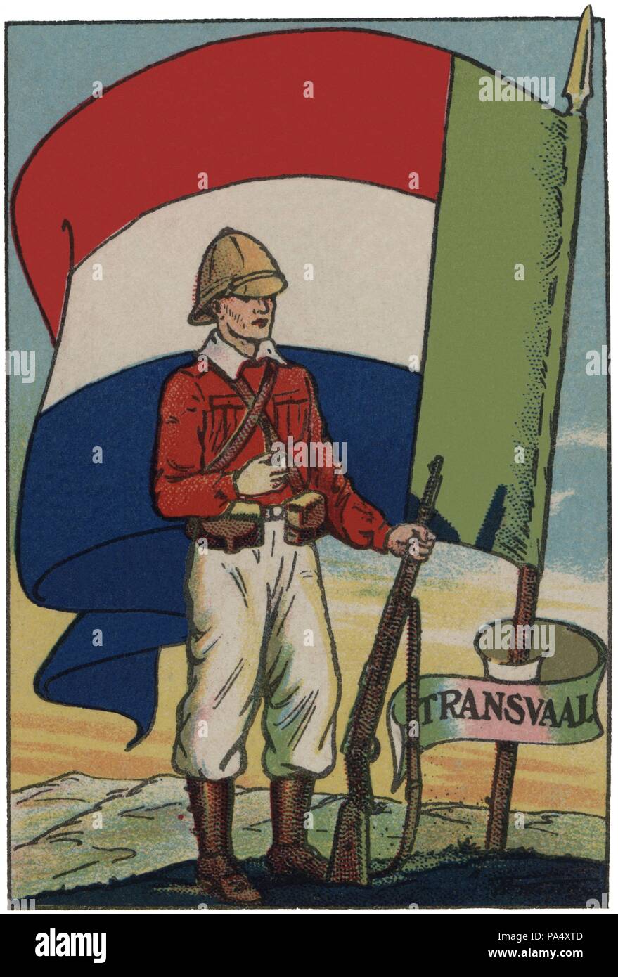 Bandera de Transvaal, provincia de la Unión Sudafricana, y soldado de infantería. Colección de cromos Banderas del Universo. Años 1920. Stock Photo