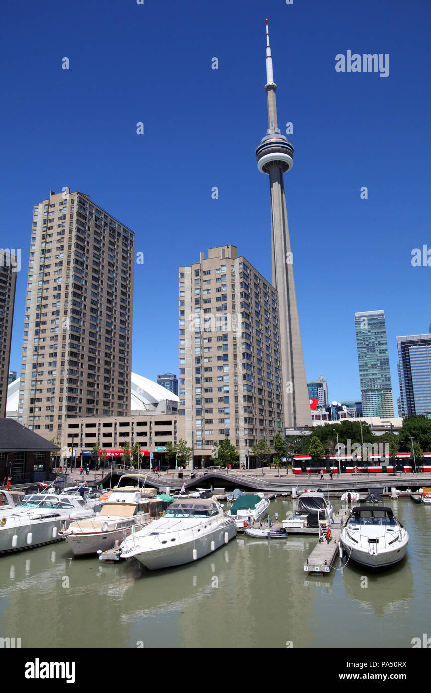 the CN Tower as seen from the harbourfront, Toronto, Ontario, Canada Stock Photo