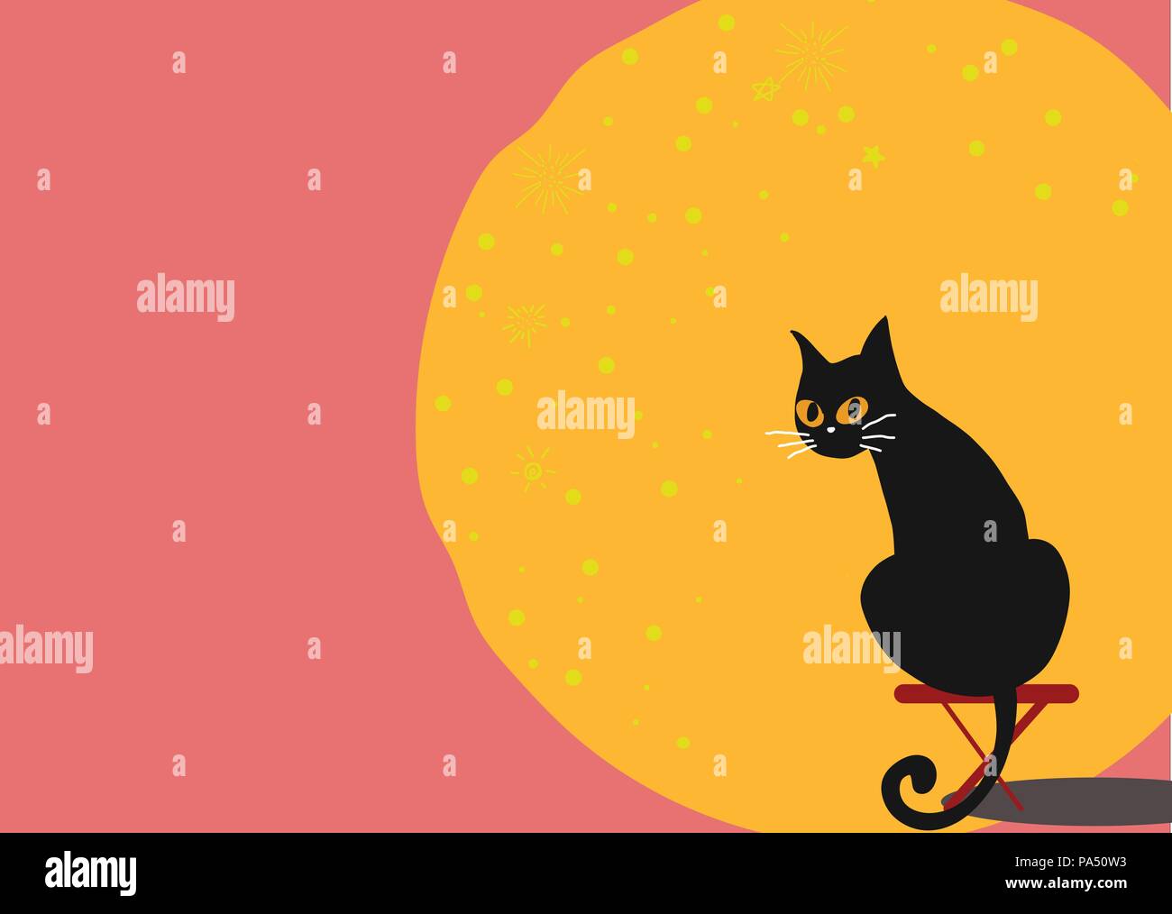 Black Cat Sits On Red Chair With Full Moon On Pink Background