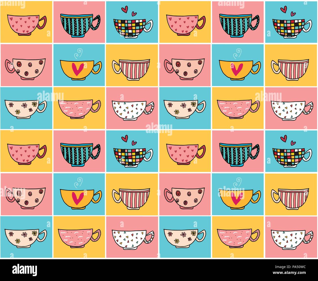 https://c8.alamy.com/comp/PA50WC/doodle-hand-drawing-coffee-cups-in-different-designs-on-colour-vintage-background-pattern-seamless-PA50WC.jpg