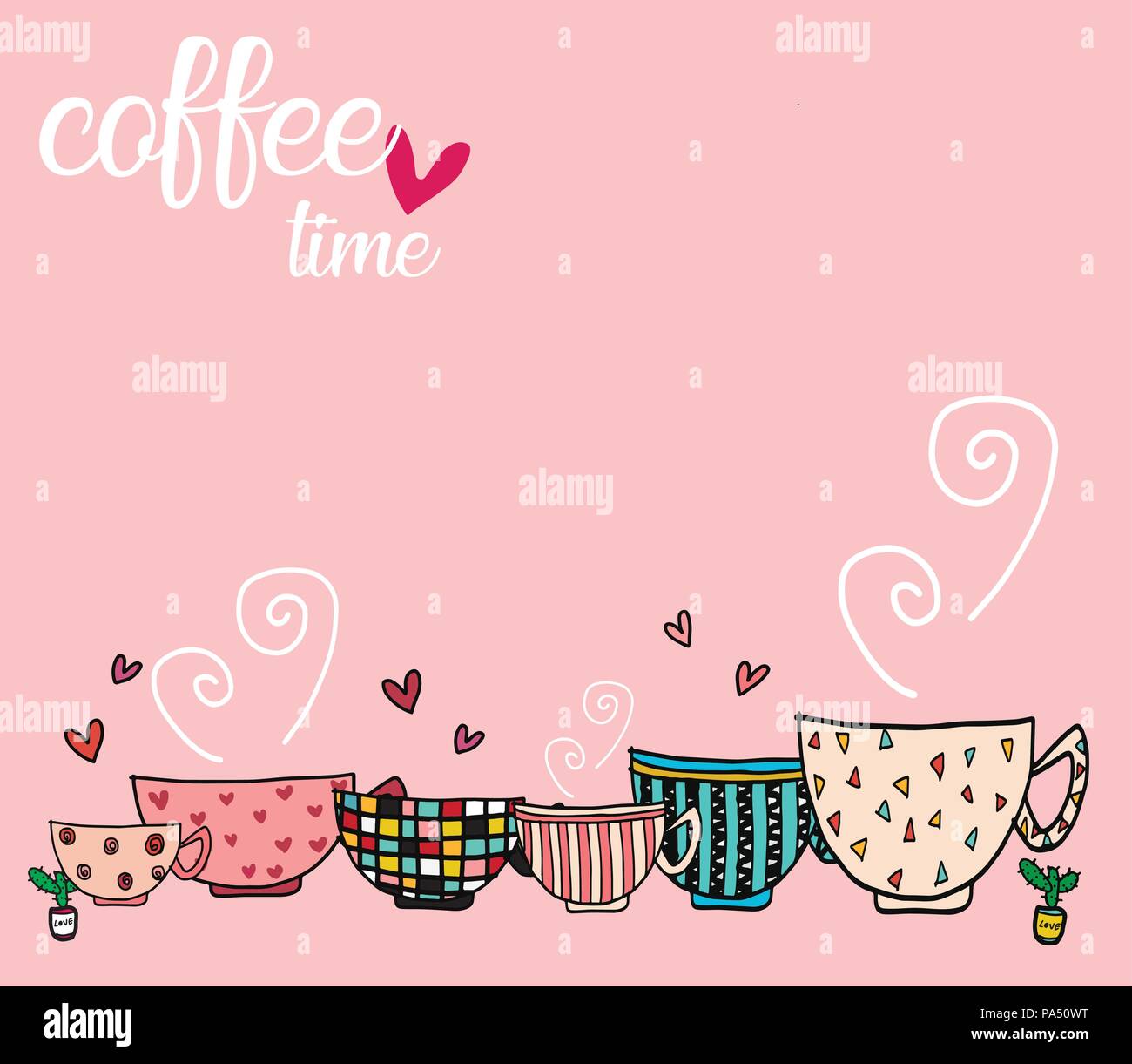 Pink Coffee Draw Pattern doodle hand drawing set of coffee cups in different pattern designs on ...