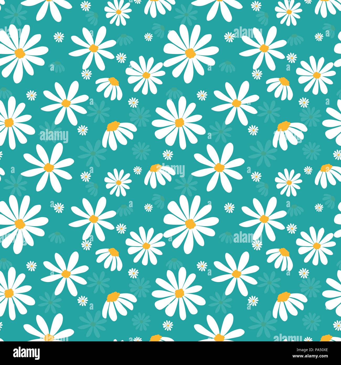 vector doodle white daisy flower pattern on pastel mint green background, seamless background Stock Vector