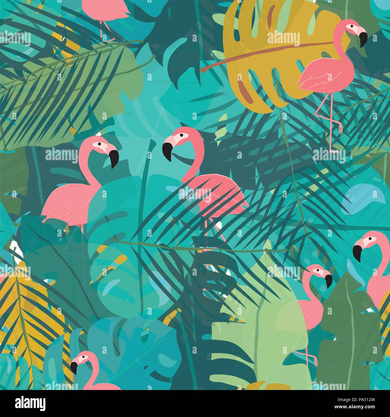 tropical summer flamingos on exotic leaves jungle pattern seamless ...