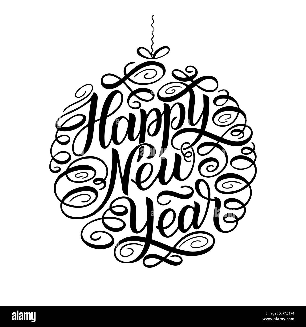 Happy New Year, lettering Greeting Card design circle text frame isolated on white. illustration. Christmas tree toy ball Stock Photo