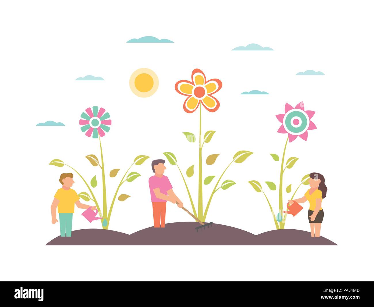 Garden Illustration with flowers Gardeners growing plants Stock Vector