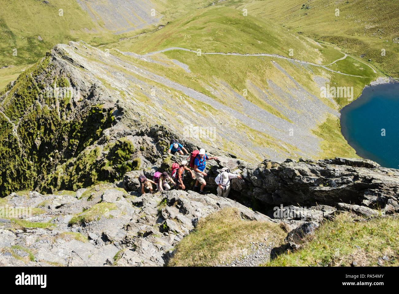 Hiking group of hikers scrambling on Sharp Edge above Scales Tarn on
