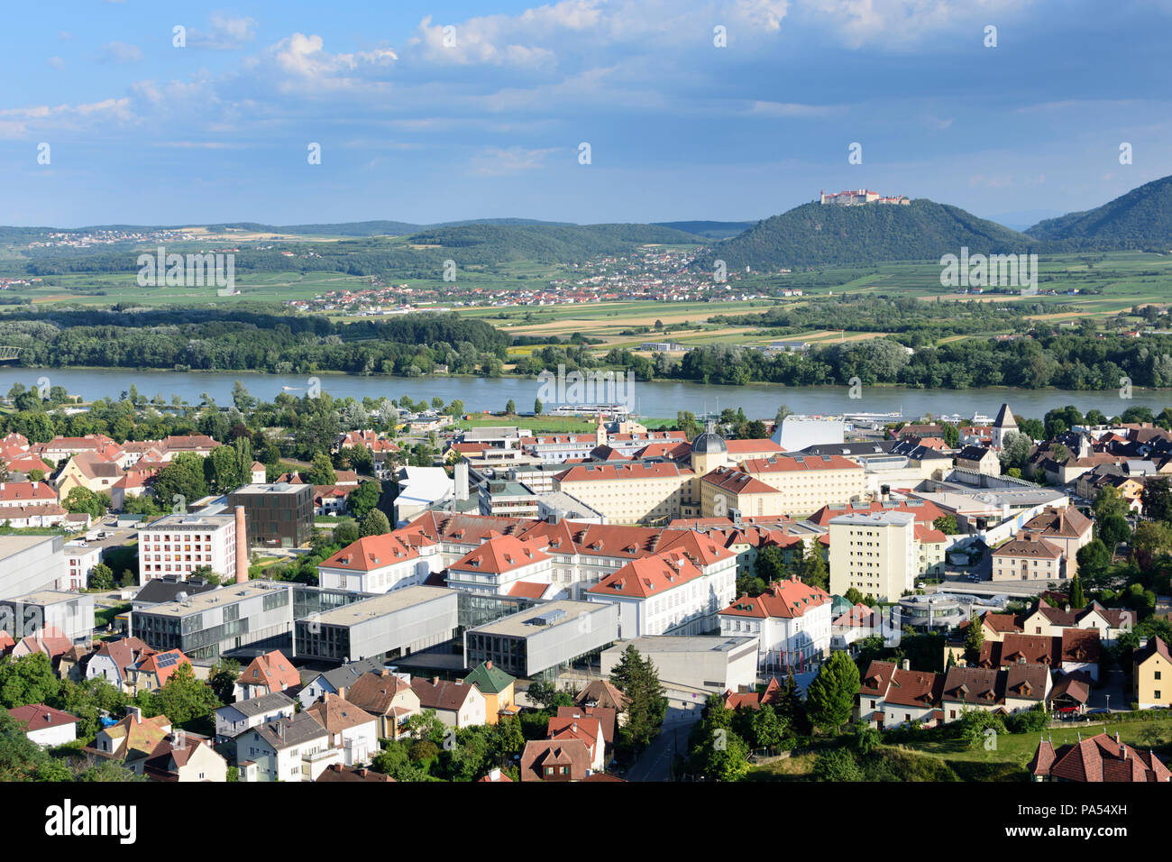 Krems an der Donau: university "Donau Universität Krems" in district Stein, river Donau (Danube), Stift Göttweig monastery at hill in Austria, Niederö Stock Photo