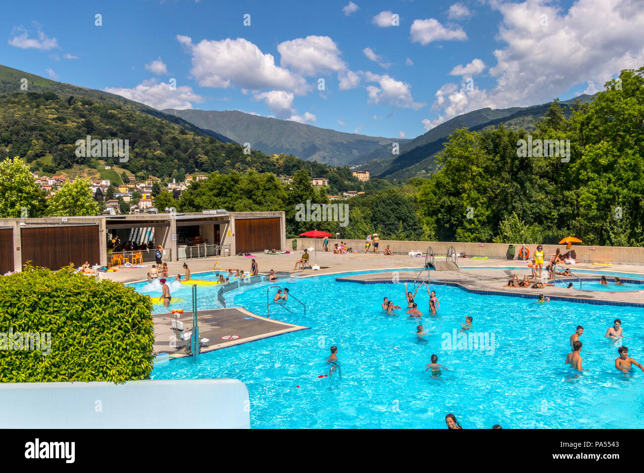 Open air public swimming pool at Arena Sportiva, Tesserete Switzerland Lido Mountains, outdoor