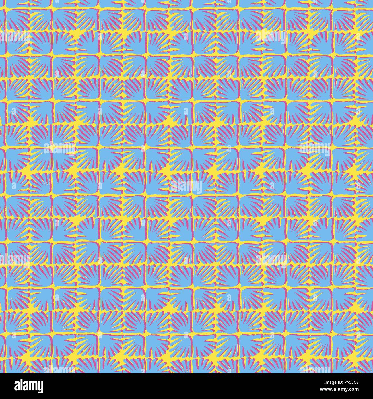 Vector seamless floral square tile bright yellow, blue and pink pattern Stock Vector