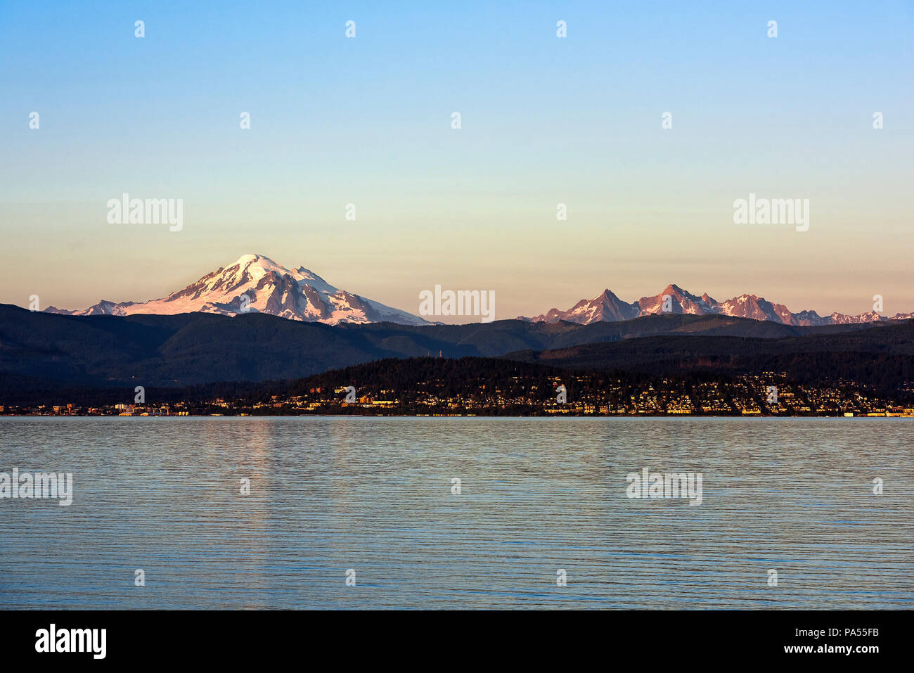 Sunset at Mt. Baker across Bellingham Bay, Bellingham, Washington ...