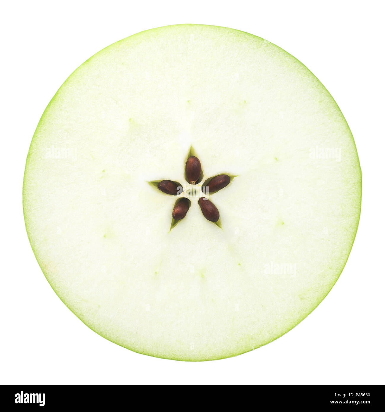 the cut apple in half, in the middle a seed, separately on a whi Stock Photo