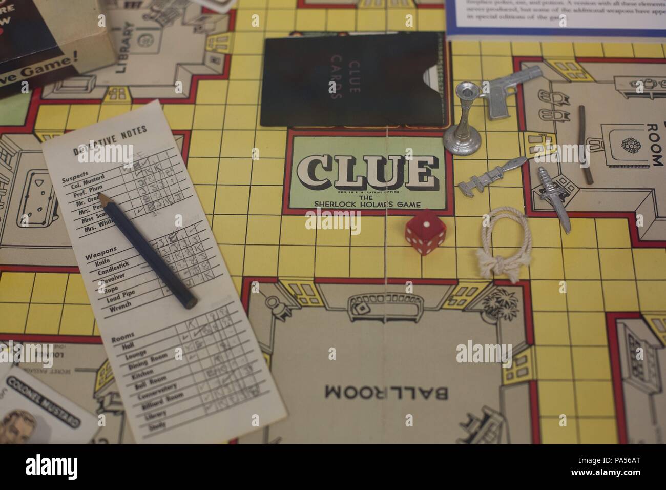 An old game of Clue, at the Lane County Historical Museum in Eugene, Oregon, USA. Stock Photo