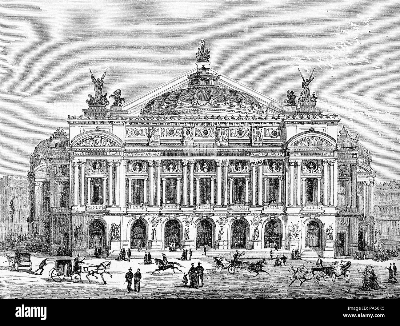 Vintage engraving, Palais Garnier opulent opera house in Paris, frontal view Stock Photo