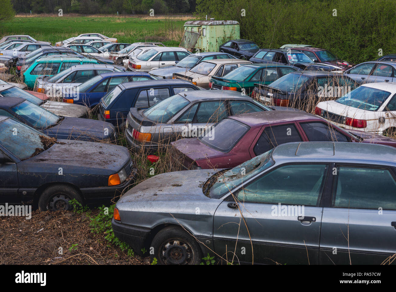 Car wrecking yard in Dobra village near Frydek-Mistek city in the Moravian-Silesian Region of Czech Republic Stock Photo