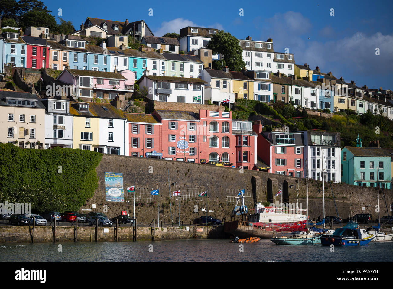Colourful Seaside Homes Houses At Brixham Devon With Boats On