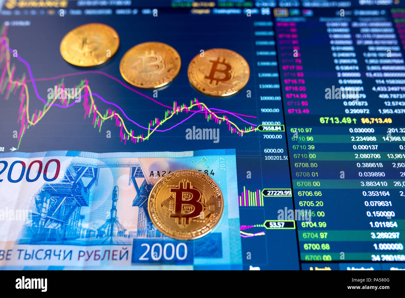 Paper bill Russian Rubles 2000 RUB, blurred background. The electronic  schedule of bitcoin on the exchange, volume trades, on monitor lie gold  coins b Stock Photo - Alamy