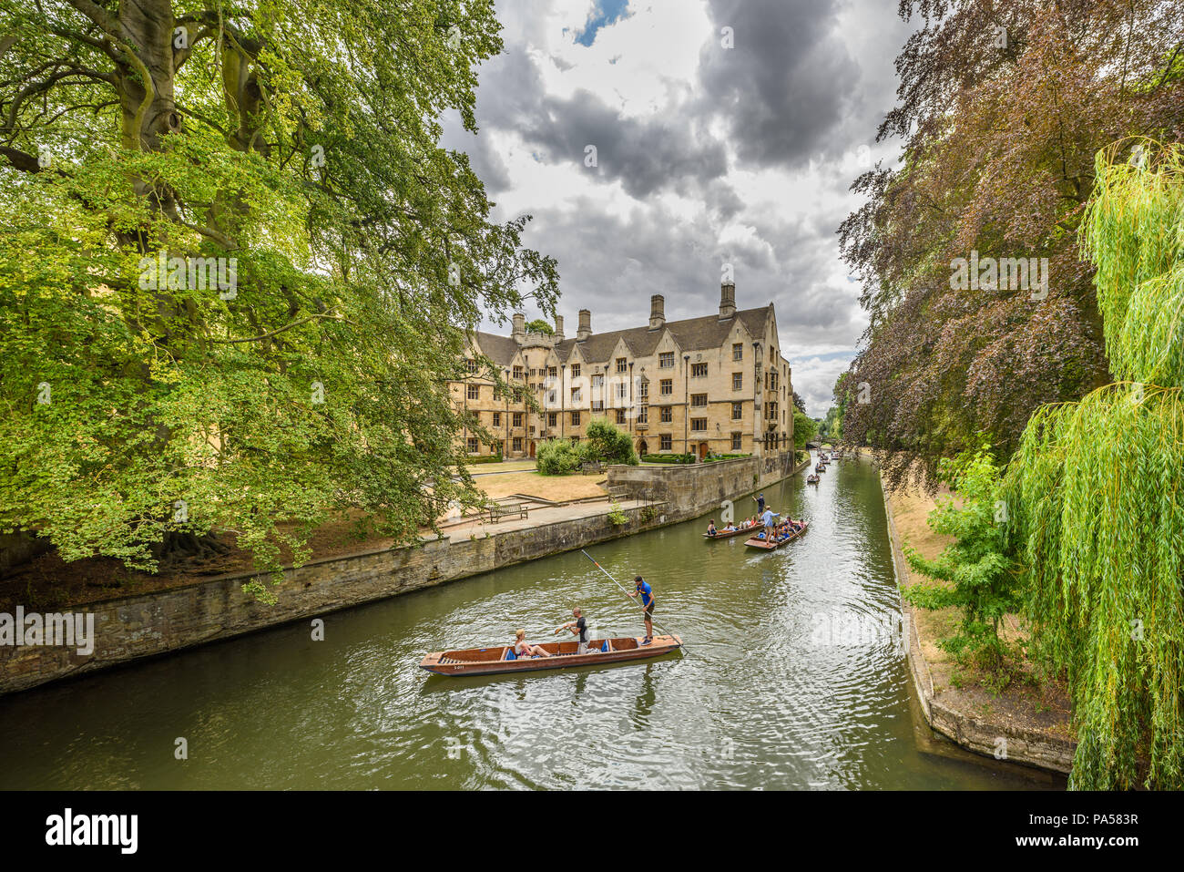Bodley's Court at King's college, university of Cambridge, England, as seen from a bridge over the river Cam on a sunny yet cloudy summer day. Stock Photo
