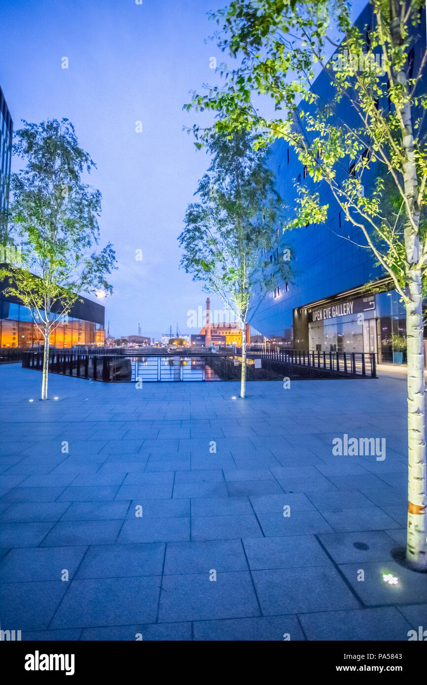 Evening shot of Mann Island, Liverpool, with modern buildings, docks, illuminated trees Stock Photo