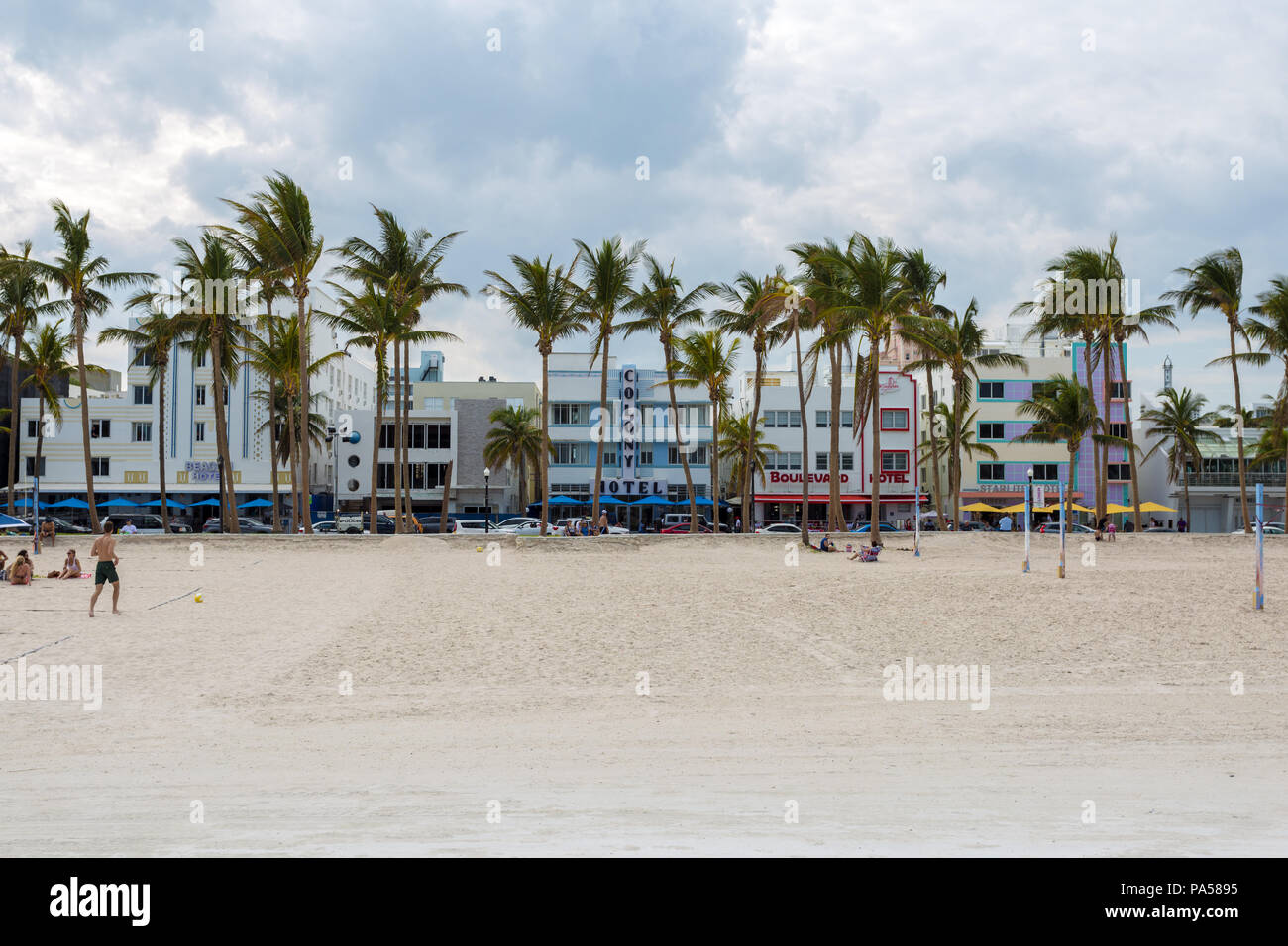 Miami Beach shot of Ocean Drive, with palm trees and Art Deco buildings Stock Photo