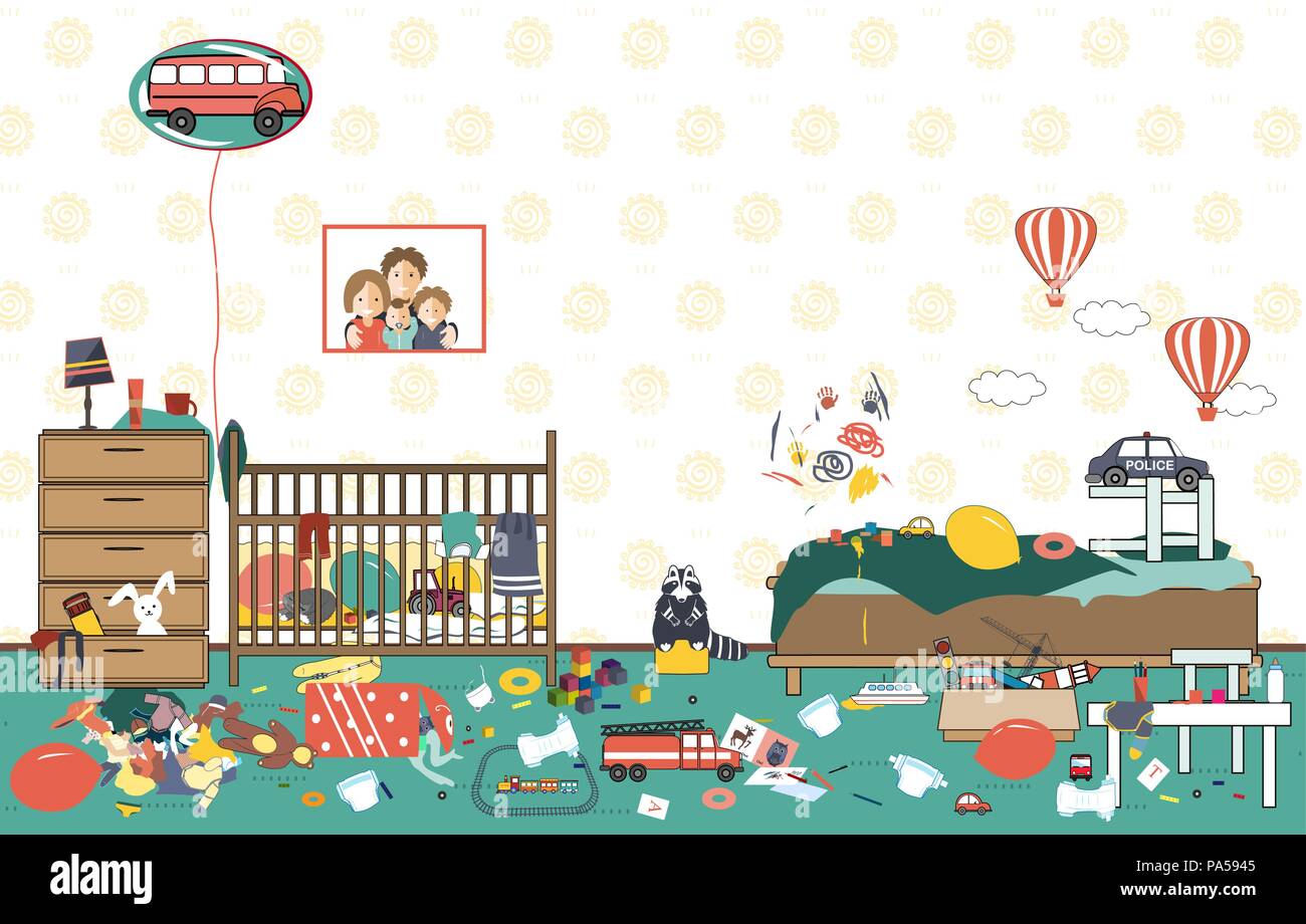 Kids untidy and messy room. Child scattered toys and clothing. Room where two little boys live. Mess in the house. Vector illustration Stock Vector