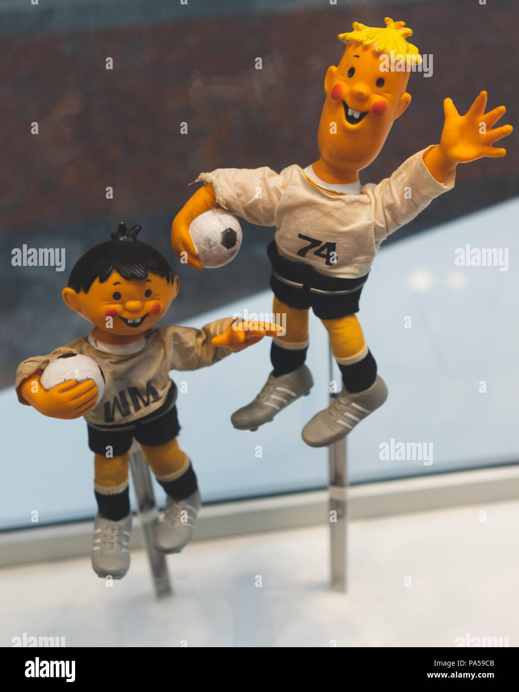July 7, 2018, Moscow, Russia Official mascot FIFA World Cup 1974 in West Germany  a two boys wearing Germany kits Tip and Tap. Stock Photo