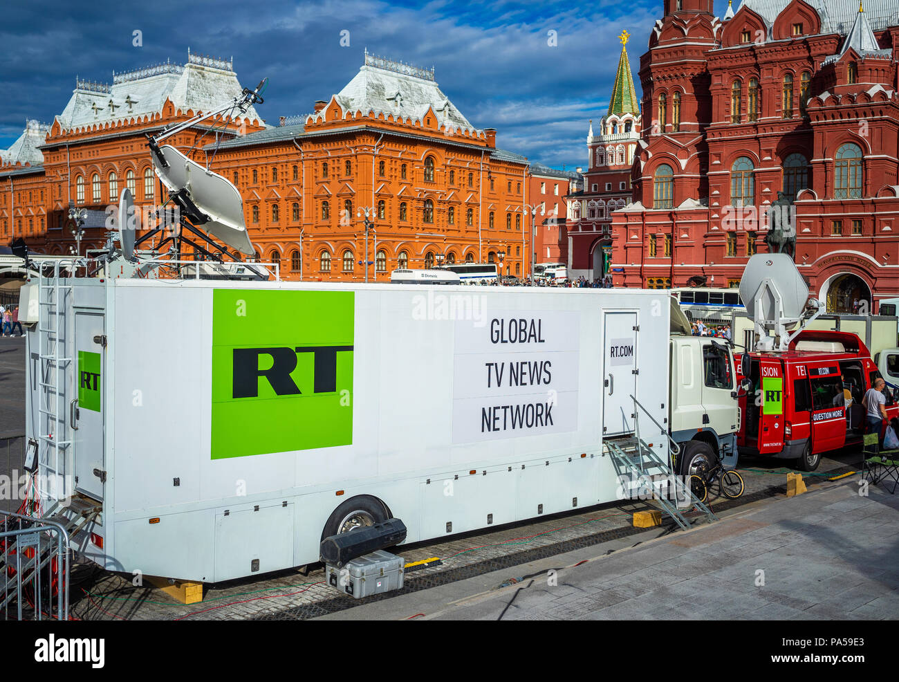 July 7, 2018, Moscow, Russia Mobile TV Studio Russia Today on Manezhnaya square in Moscow. Stock Photo