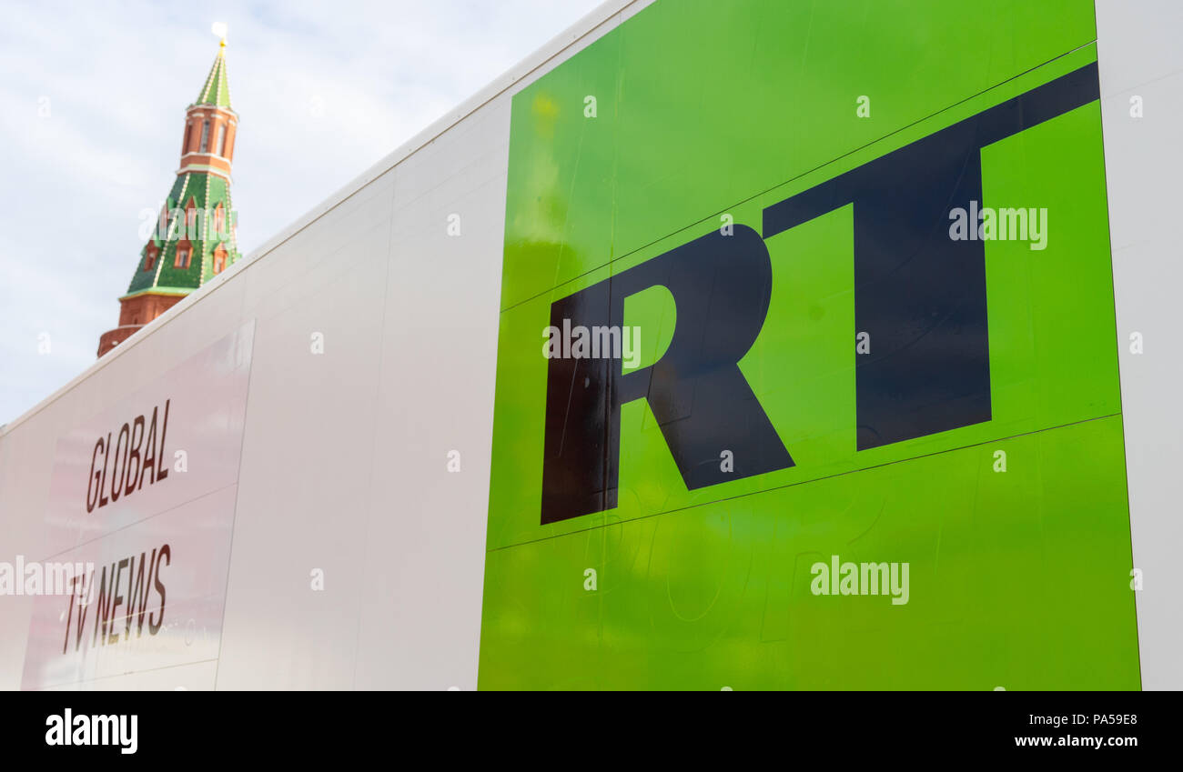 July 7, 2018, Moscow, Russia Mobile TV Studio Russia Today on Manezhnaya square in Moscow. Stock Photo
