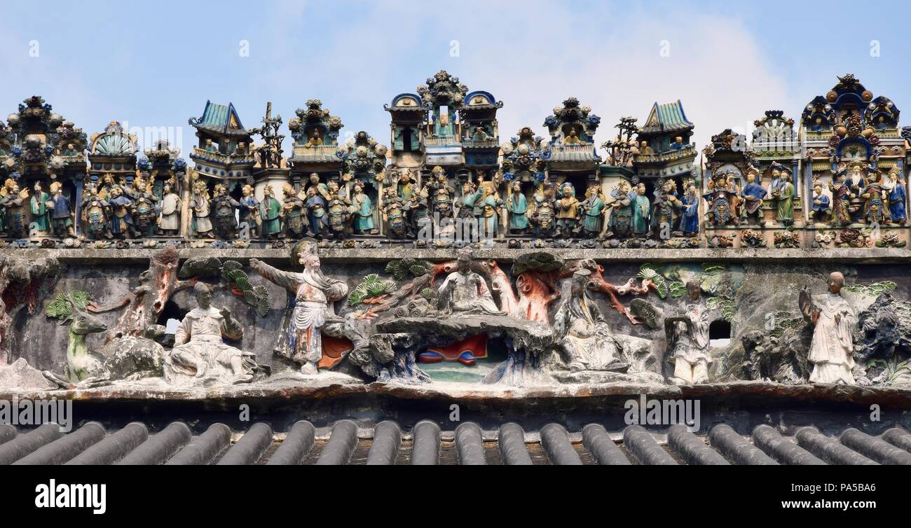 The ridge of the chinese ancient roofs are richly decorated with ...