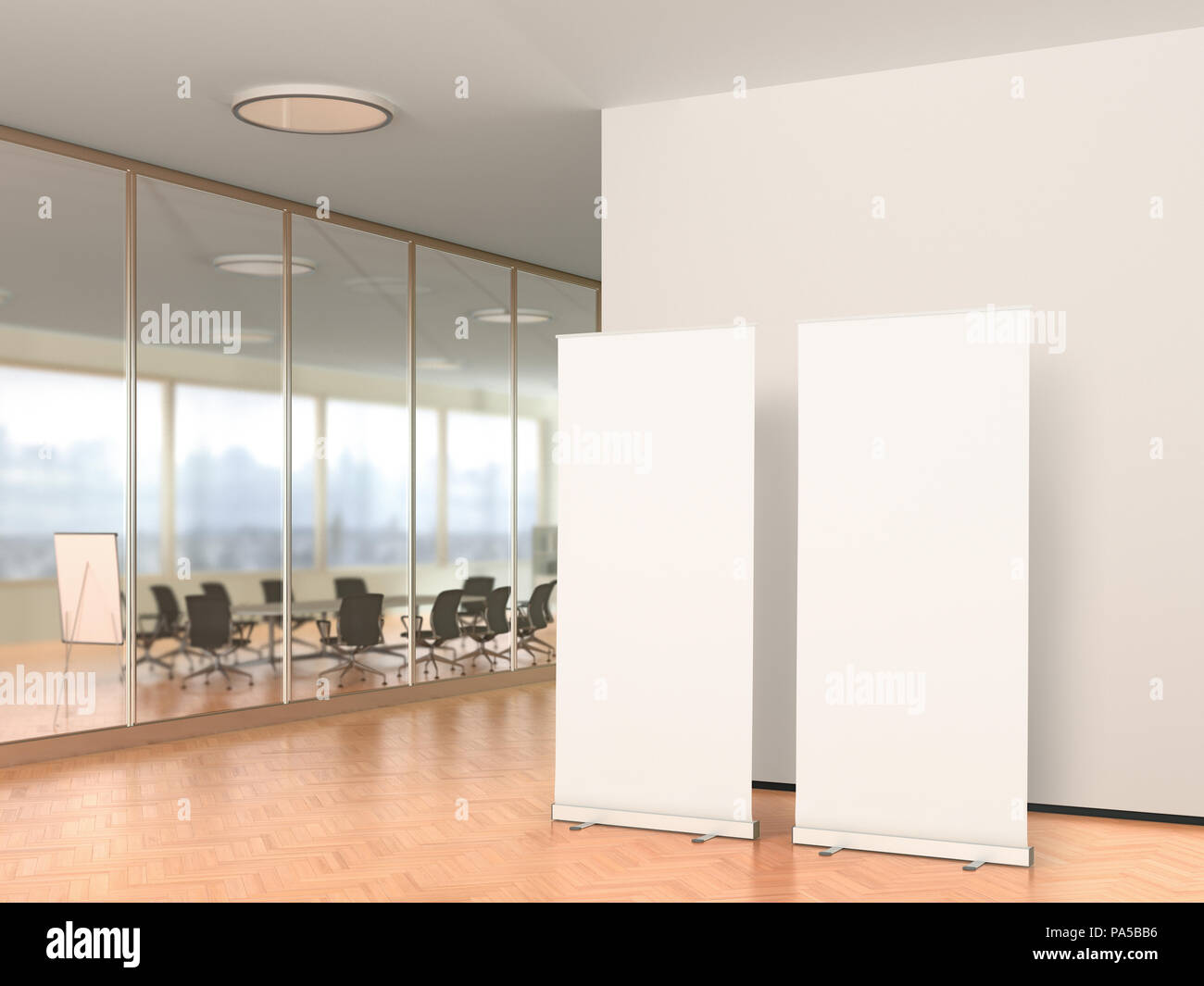 Two blank roll up banner stands in modern office. 3d illustration Stock ...